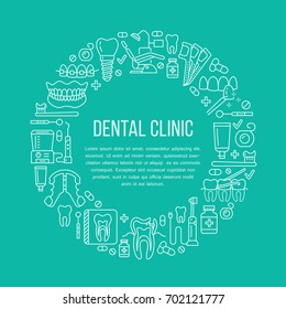 Dentist, orthodontics medical banner with vector line icon of dental care equipment, braces, tooth prosthesis, veneers, floss, caries treatment. Healthcare thin linear poster for dentistry clinic.