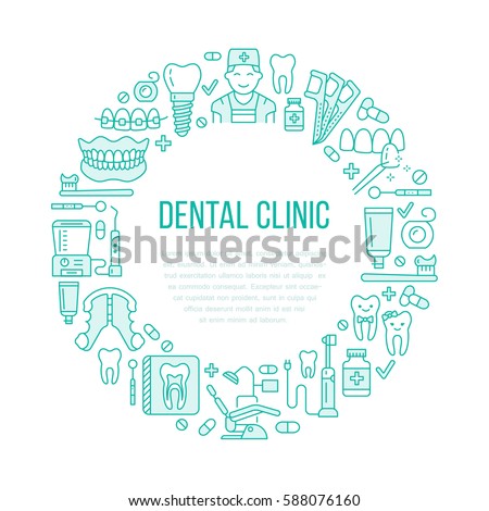 Dentist, orthodontics medical banner with vector line icon of dental care equipment, braces, tooth prosthesis, veneers, floss, caries treatment. Health care thin linear poster for dentistry clinic.