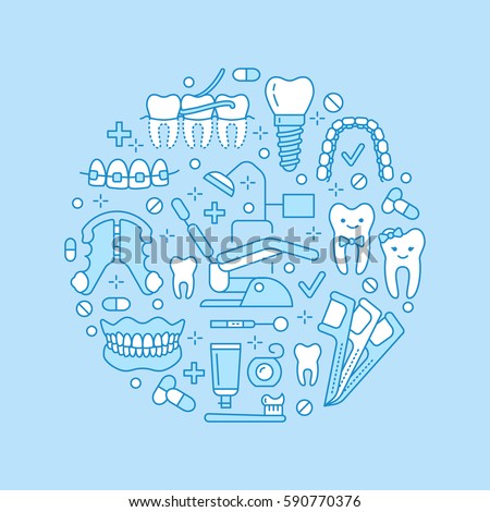 Dentist, orthodontics medical banner with vector line icon of dental care equipment, braces, tooth prosthesis, veneers, floss, caries treatment. Health care thin linear poster for dentistry clinic.