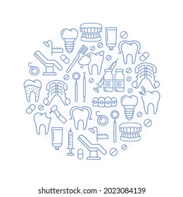 Dentist, orthodontics round pattern with line style icons. Health care background for dentistry clinic. Outline dental care, medical equipment, braces, tooth prosthesis, caries treatment background