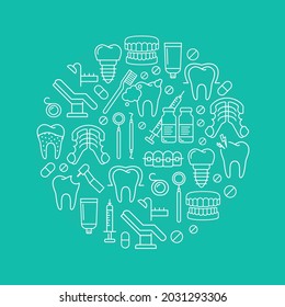 Dentist, orthodontics round pattern with line style icons. Health care background for dentistry clinic. Outline dental care, medical equipment, braces, tooth prosthesis, caries treatment background