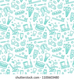 Dentist, orthodontics seamless pattern with line icons. Dental care, medical equipment, braces, tooth prosthesis, floss, caries treatment, toothpaste. Health care blue background for dentistry clinic.