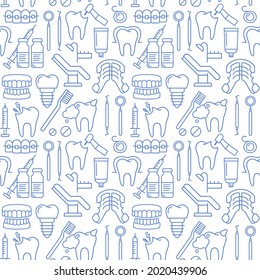 Dentist, orthodontics seamless pattern with line style icons. Health care background for dentistry clinic. Outline dental care, medical equipment, braces, tooth prosthesis, caries treatment background