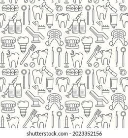 Dentist, orthodontics seamless pattern with line style icons. Health care background for dentistry clinic. Outline dental care, medical equipment, braces, tooth prosthesis, caries treatment background