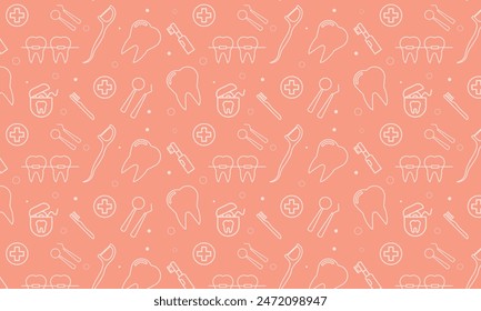 Dentist, orthodontics seamless pattern with line icons. Dental care, medical equipment, braces, tooth prosthesis, floss, caries treatment, toothpaste.	