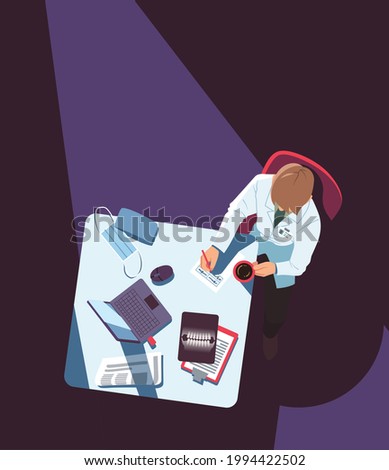 Dentist or orthodontist doctor man working filling in patient chart in office. Top view of person write sit at desk with teeth x-ray image, laptop computer. Dentistry, health flat vector illustration