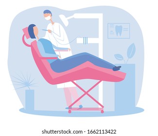 A dentist or orthodontist treats caries or pulpitis of molars in the office. Flat vector stock illustration with dental tool, chair and patient as a concept for the treatment of toothache by a doctor