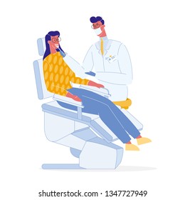 Dentist and Patient Color Vector Illustration. Woman on Chair in Dental Office. Doctor in Face Mask. Stomatology, Orthodontics. Dental Clinic. Appointment. Teeth Whitening. Hospital. Healthcare