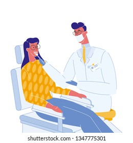 Dentist and Patient Color Vector Illustration. Stomatologist, Orthodontics. Dental Clinic. Hospital. Woman on Chair in Dental Office. Appointment, Examining. Doctor in Face Mask. Teeth Treatment