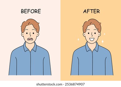 Dentist patient demonstrates result of dentist help - beautiful smile with white teeth. Guy before and after treatment at dentist, gained self-confidence and healthy jaw or oral cavity