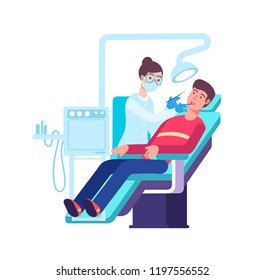 Dentist and patient. Doctor checking patients mouth. Teeth examination and dentistry vector concept. Illustration of dentist clinic, patient and dentistry doctor