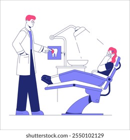 Dentista E Paciente Em Ilustração De Vetor Plano Simbolizando Assistência Médica, Tratamento Dentário E Assistência Médica Oral, Isolados Sobre Fundo Branco.