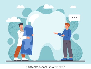 Dentist and patient. Man in medical gown with toothpaste and young guy next to big dirty tooth. Illness and health care, oral hygiene. Specialist with client. Cartoon flat vector illustration