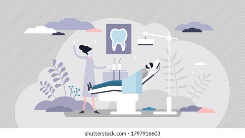 Dentist as patient mouth oral teeth hygiene occupation tiny persons concept. Stomatology doctor with tooth protection from caries and healthy enamel treatment. Examination process scene visualization.