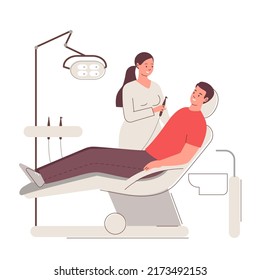 Dentist. Patient sitting in dentists chair. Tooth treatment. Dentistry Vector flat illustration