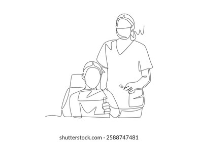 Dentist and patient. Visiting dentists concept one-line drawing