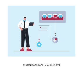 O dentista realiza tratamento dentário para prevenir cáries e cáries dentárias, ilustração vetorial.