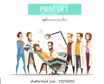 Dentist practice flat vector illustration in cartoon style with students watching as doctor treating patient   