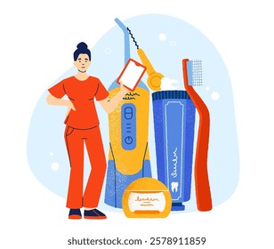 Dentist presenting an oral irrigator, electric toothbrush, toothpaste, dental floss, and mouthwash, emphasizing their importance for effective teeth cleaning and maintaining a healthy smile