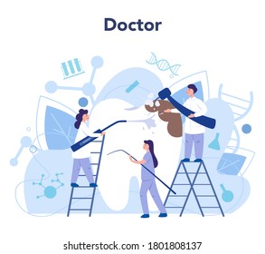 Dentist profession. Dentists in uniform treat tooth using medical equipment. Idea of dental and oral care. Caries treatment. Flat vector illustration