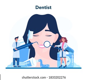 Dentist profession. Dentists in uniform treat tooth using medical equipment. Tooth extraction and whitening, dental x-ray. Idea of dental and oral care. Flat vector illustration