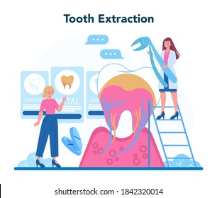 Dentist profession. Dentists in uniform treat tooth using medical equipment. Tooth extraction. Idea of dental and oral care. Flat vector illustration