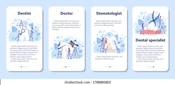 Dentist profession mobile application banner set. Dentists in uniform treat tooth using medical equipment. Idea of dental and oral care. Caries treatment. Flat vector illustration