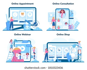 Dentist profession online service or platform set. Dentists treat tooth using medical equipment. Online appointment, consultation, webinar, shop. Idea of dental care. Flat vector illustration