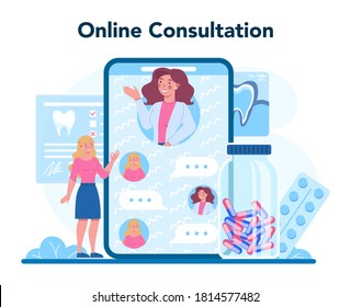 Dentist Profession Online Service Or Platform. Dentists Treat Tooth Using Medical Equipment. Online Consultation. Idea Of Dental Care. Flat Vector Illustration