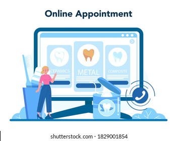 Dentist profession online service or platform. Dentists treat tooth using medical equipment. Online appointment. Idea of dental care. Flat vector illustration