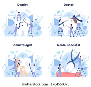 La profesión de dentista. Los dentistas uniformados tratan dientes con equipo médico. Idea de atención dental y oral. Tratamiento con caries. Ilustración vectorial plana