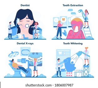 Dentist profession set. Dentists in uniform treat tooth using medical equipment. Tooth extraction and whitening, dental x-ray. Idea of dental and oral care. Flat vector illustration