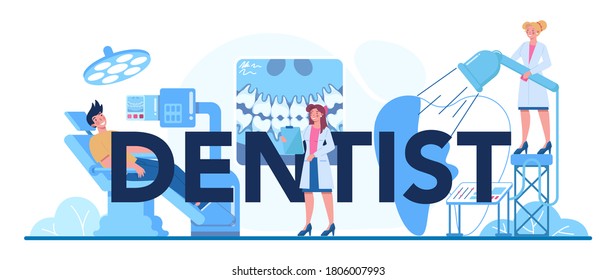 Dentist profession typographic header. Dentists in uniform treat tooth using medical equipment. Idea of dental and oral care. Caries treatment. Flat vector illustration