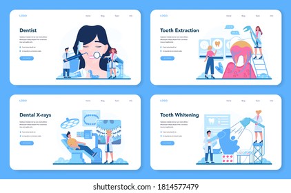 Dentist profession web banner or landing page set. Dentists in uniform treat tooth using medical equipment. Tooth extraction and whitening, dental x-ray. Idea of dental care. Flat vector illustration