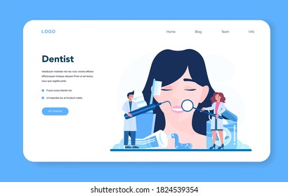 Dentist profession web banner or landing page. Dentists in uniform treat tooth using medical equipment. Tooth extraction and whitening, dental x-ray. Idea of dental care. Flat vector illustration