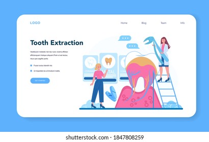 Dentist profession web banner or landing page. Dentists in uniform treat tooth using medical equipment. Tooth extraction. Idea of dental and oral care. Flat vector illustration