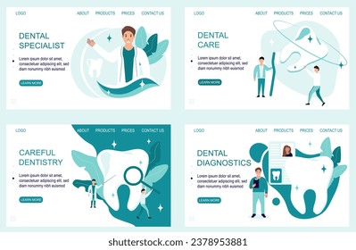 Dentist profession web banner or landing page set.Dentists diagnose the problem, treat teeth and provide dental care. Idea of dental and oral care. Caries treatment.Vector illustration.