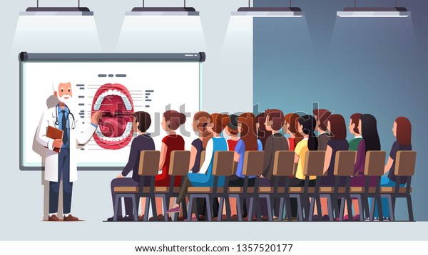 Dentist professor giving lecture to audience\
in classroom hall at conference. Elder doctor teacher explaining\
mouth structure to a group of medical students. Flat vector\
character illustration