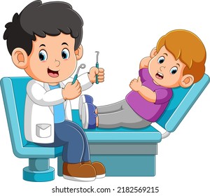 The dentist is ready to check little boy's tooth with tools in a clinic of illustration