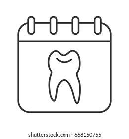 Dentist reception days schedule linear icon. Thin line illustration. Calendar page with human tooth inside contour symbol. Vector isolated outline drawing