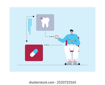 Os dentistas recomendam escovação regular e vitaminas, ilustração vetorial.