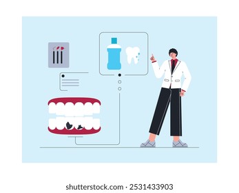 Dentista recomenda usar enxaguante bucal para remover tártaro, ilustração vetorial.