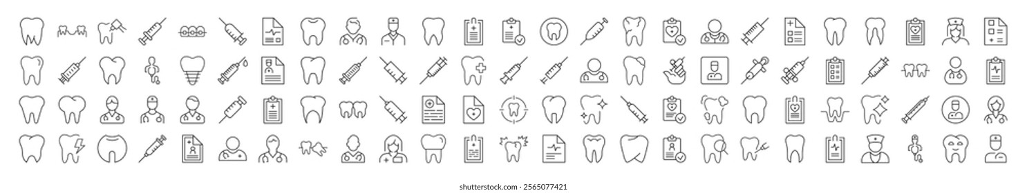 Dentist Related Outline Icon Set. Contains Icons of Teeth, Doctor, Syringe, Prescription for Banners, Infographics, Books, Articles and Other Types of Design 