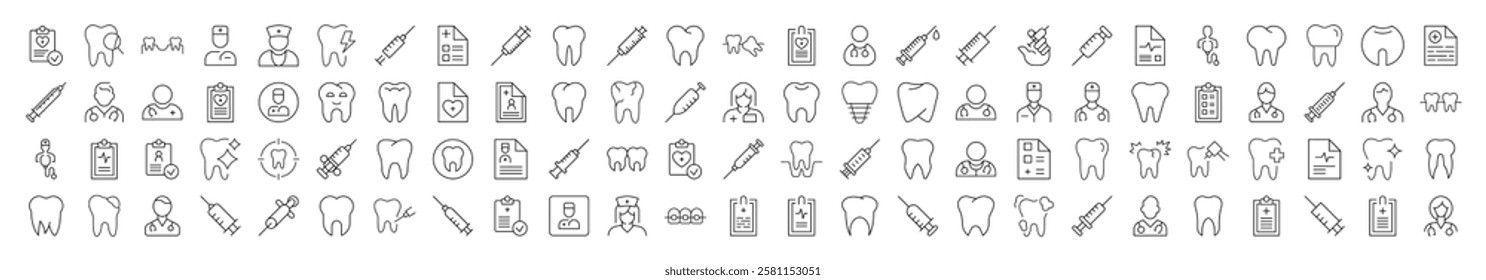 Dentist Related Outline Image Set. Contains Icons of Teeth, Doctor, Syringe, Prescription for Banners, Infographics, Books, Articles and Other Types of Design