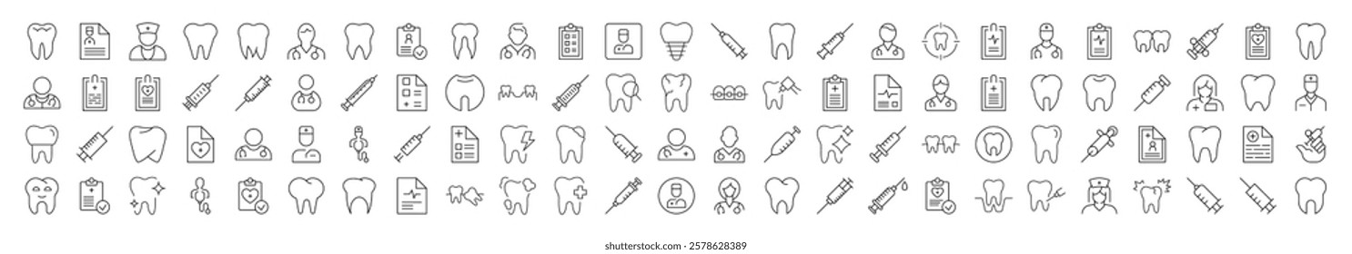 Dentist Related Outline Picture Set. Contains Icons of Teeth, Doctor, Syringe, Prescription for Banners, Infographics, Books, Articles and Other Types of Design