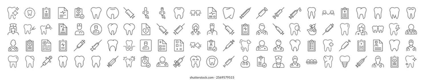 Dentist Related Outline Symbol Set. Contains Icons of Teeth, Doctor, Syringe, Prescription for Banners, Infographics, Books, Articles and Other Types of Design