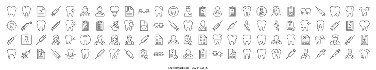 Dentist Related Outline Symbol Set. Contains Icons of Teeth, Doctor, Syringe, Prescription for Banners, Infographics, Books, Articles and Other Types of Design