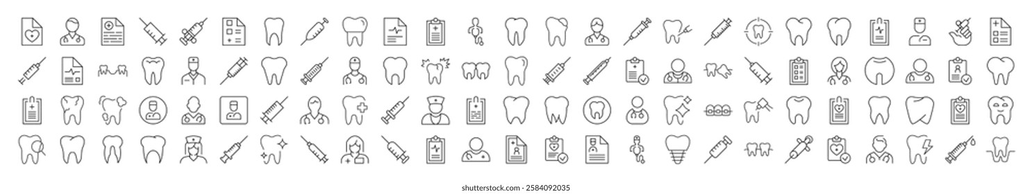 Dentist Related Simple Icon Set. Contains Icons of Teeth, Doctor, Syringe, Prescription for Banners, Infographics, Books, Articles and Other Types of Design