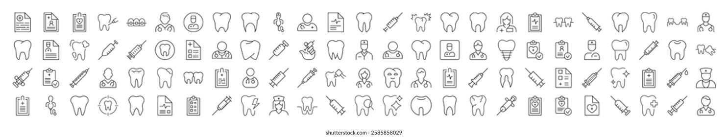 Dentist Related Simple Sign Set. Contains Icons of Teeth, Doctor, Syringe, Prescription for Banners, Infographics, Books, Articles and Other Types of Design