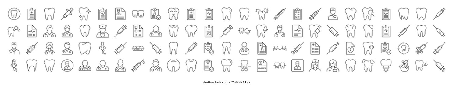 Dentist Related Simple Symbol Set. Contains Icons of Teeth, Doctor, Syringe, Prescription for Banners, Infographics, Books, Articles and Other Types of Design